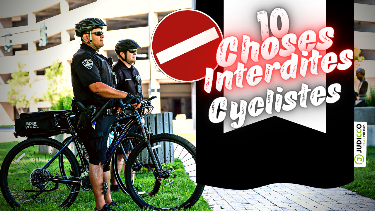 Il est écrit 10 choses interdites aux cycliste et il y a des policiers à vélo en arrière-plan
